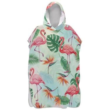 Imagem de Joisal Poncho de surf de secagem rápida para adultos trocador de roupão de banho toalhas com capuz folhas tropicais flamingos rosa unissex poncho adulto com capuz