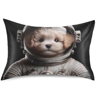 Imagem de Lindo filhote de cachorro astronauta almofada de cetim para cabelo King Queen capa de travesseiro padrão desenho animado refrescante quarto estética, tamanho king, 101,6 cm x 50,8 cm