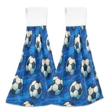 Imagem de Bolas de futebol fofas personalizadas toalhas de mão azuis penduradas para cozinha banheiro toalhas de gravata conjunto de 2 toalhas decorativas de cozinha fofas absorventes macias, 46 x 35 cm
