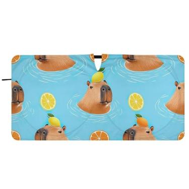 Imagem de Guarda-sol azul capivaras brincalhão para para-brisa de carro impressão dobrável engraçada protetor solar automotivo capa de para-brisa, 76 cm x 149 cm