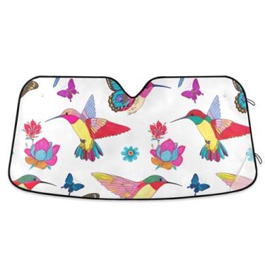 Imagem de Persiana de sol branca personalizada com beija-flores coloridas para para-brisas de carro, bonito, retrátil, dobrável, para janelas dianteiras, floral, M, 139,7 x 70,1 cm