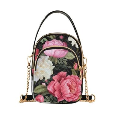 Imagem de Bolsa tiracolo feminina rosa com flores em branco, bolsa transversal feminina, bolsa transversal para mulheres, Pintura em aquarela com flores de peônia em preto-2, One Size