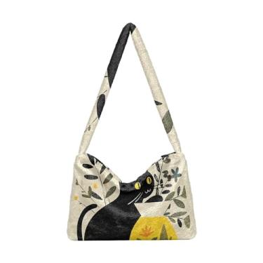 Imagem de GAIGEO Bolsa de ombro feminina quadrada geométrica preta vermelha para filhotes de cachorro, bolsa de ombro com bolso, bolsas de outono, Vaso em forma amarela gato preto, One Size