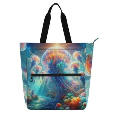 Imagem de GAIGEO Bolsa feminina Jellyfish Sea colorida azul para trabalho, lona, bolsa carteiro universitária, bolsa mensageiro com compartimentos