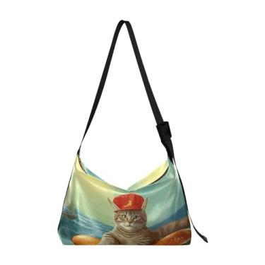 Imagem de GAIGEO Bolsa de ombro vegana com dois pandas nos bolsos, bolsa transversal grande, bolsa transversal masculina de couro, Pintura a óleo Navigator Cat Red Hat, One Size