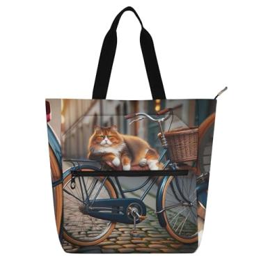 Imagem de GAIGEO Sacola feminina engraçada de bicicleta de gato gordo para trabalho, lona, praia, escola, bolsa carteiro com compartimentos