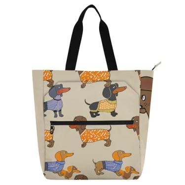Imagem de GAIGEO Linda bolsa de mão bege Dachshunds para mulheres, bolsas de tecido de lona para trabalho, faculdade, escola, crianças, bolsa fofa com compartimentos
