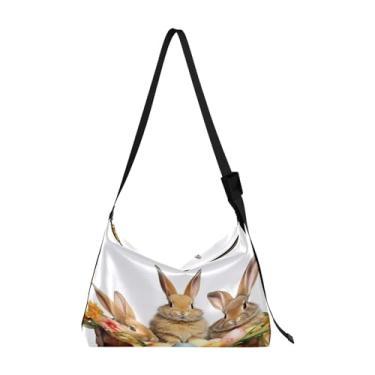 Imagem de Bolsa tiracolo vegana Two Bunny Rabbits Sitting in Basket, bolsa de ombro de couro sintético, bolsa tiracolo masculina, Cesta de Páscoa e coelhinhos-1, One Size