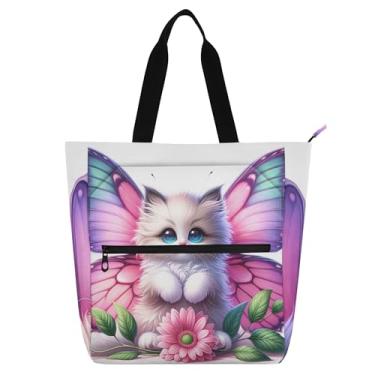 Imagem de GAIGEO Sacola floral de gato fofo para crianças, mulheres, escola, trabalho, zíper para livros, bolsa de presente com estampa de gatinho
