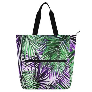 Imagem de GAIGEO Bolsa de ombro verde roxa com folhas de palmeira para mulheres, crianças, professores, escola, trabalho, viagem, zíper, média, utilitária