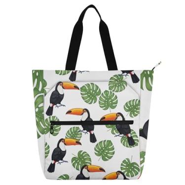Imagem de Toucans verde folhas tropicais branco bolsa de trabalho para mulheres lona zíper bolsa de praia bolsas professores livro amante presente