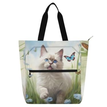 Imagem de GAIGEO Cute Ragdoll Cat Spring Flowers Tote Bag para crianças mulheres trabalho escola zíper livro tote com compartimento