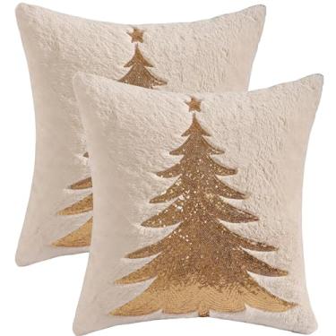 Imagem de LUOYEHK Capas de almofada de Natal 45,7 x 45,7 cm, conjunto de 2 fronhas macias de pele sintética com lantejoulas bege, árvore de Natal, inverno, férias, capas de almofada de pelúcia para sofá, cama