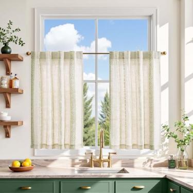 Imagem de jinchan Liora Boho Cortinas de cozinha 76 cm de linho com padrão geométrico Bohemian Cafe pequena filtragem de luz tratamento de janela para sala de estar RV aba traseira 2 painéis verde em linho