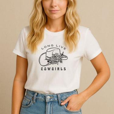Imagem de T-shirt Algodão Feminina Estamp Longe Live Chapéu Flores Minimalista F