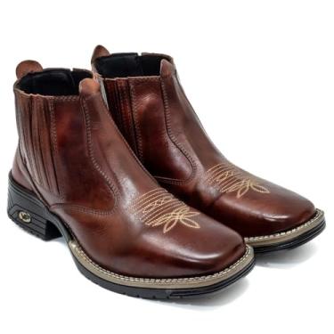 Imagem de Bota Texana Country Masculina em Couro, Cano Curto, Solado Antiderrapante, Estilo Western com Bordado Decorativo (Extra grande, BR, Adulto, Numérico, GG, 44)