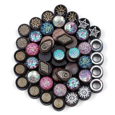 Imagem de TBOSEN 20 peças de aço inoxidável | Medidores de orelha de madeira cores aleatórias alargadores túneis piercing corporal saco da sorte 10 pares total 2g-2,5 cm