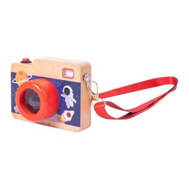 Imagem de Almencla Mini câmera de madeira de brinquedo, brinquedo sensorial, presente com lente caleidoscópica, sons e luzes reais para aniversários de crianças, meninos