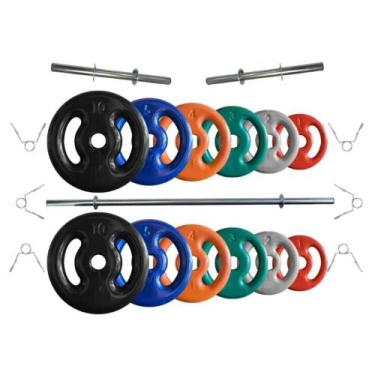Imagem de Kit de Anilhas Emborrachadas 50 Kg + 02 Barras de 40cm + 01 Barra de 1