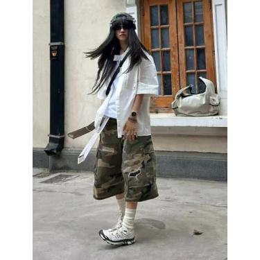 Imagem de Calças De Trabalho Camufladas Jeans Reto Cropped Para Homens E Mulhere