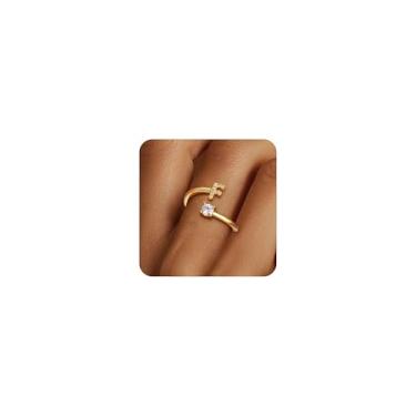 Imagem de Eaciy Anéis de ouro para meninas e mulheres - Anéis delicados banhados a ouro 14K com letras ajustáveis, presentes para meninas adolescentes, presente de aniversário para meninas, sem manchas, Latão