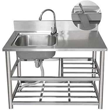 Imagem de Pia De Cozinha Em Aço Inoxidável 304, Lavatório Simples Com Bancada De Trabalho, Torneira De Água Quente E Fria Gooseneck 360°, Prateleira De Armazenamento De 3 Camadas, Comprimento: 80/100/120cm,