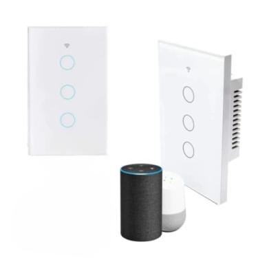 Imagem de Interruptor Inteligente de Toque WiFi Sem Fio - Sem Neutro, Controle Remoto e de Voz, Opções 1/2/3/4 Canais, para Residência e Escritório (QBKG-3,Branco)