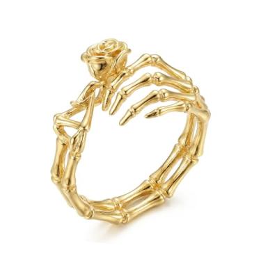 Imagem de Izpack Anel feminino de caveira de rocha, com flor rosa, ajustável, aberto, gótico, esqueleto, floral, envoltório floral, joia punk confortável para o Dia das Bruxas