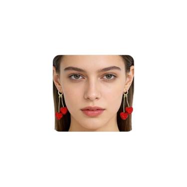 Imagem de Brincos femininos com pingente de coração vermelho para dia dos namorados delicados com strass, brincos longos de coração de cristal, joias de aniversário de aniversário, Large, Metal, Sem pedra