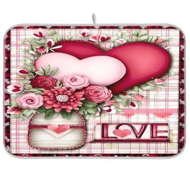 Imagem de Tapete de secagem de pratos de vidro quadriculado com coração, 40,6 x 45,7 cm, absorvente de pratos, escorredor de pratos, protetor para cozinha, secagem rápida