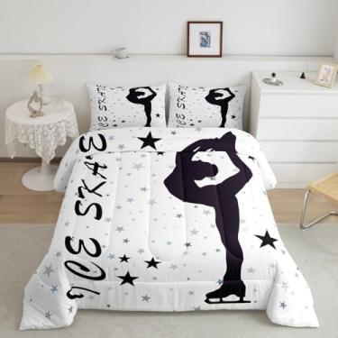 Imagem de Manfei Conjunto de edredom de patinação artística, silhueta de patinação no gelo, silhueta de esportes de inverno, para quarto de adolescentes, estrelas fofas, conjunto de colcha preto e branco, 3