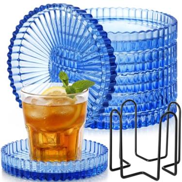 Imagem de Remerry Conjunto de 8 peças de porta-copos transparentes com suporte de arame porta-copos de vidro para bebidas 10 x 1,5 cm, copos redondos de cristal, decoração de mesa de centro para escritório