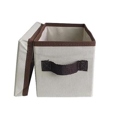 Imagem de Caixa Organizadora com Tampa Bege com Borda Marrom 28x14x15cm | Alça Puxadora | TNT 80g + Cadboard + Poliéster | Suporta até 10kg 10044MARROMU