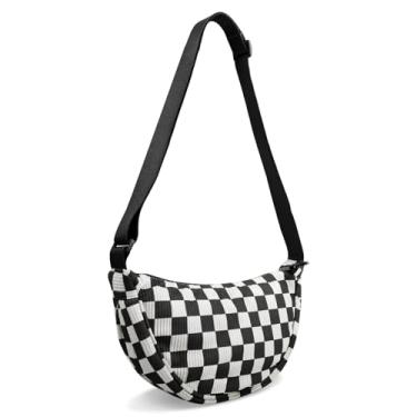 Imagem de Bolsa tiracolo de nylon crescente para mulheres, bolsas masculinas modernas, bolsa tiracolo pequena Hobo, Xadrez preto, Small