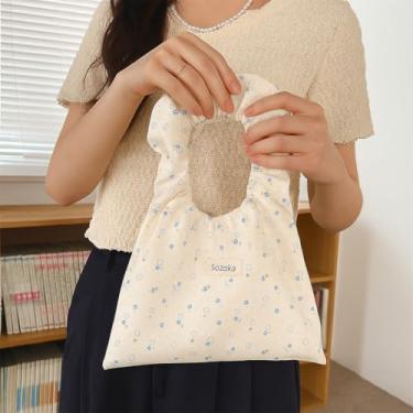 Imagem de Bolsa feminina coreana de lona plissada INS – Bolsa de mão pequena e fresca, bolsa de compras leve, Branco