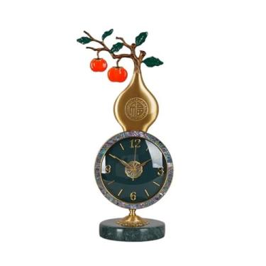 Imagem de KEG801302 Decoração de casa latão estilo chinês relógio de mesa ornamentos de relógio doméstico lente de vidro HD para quarto sala de estar decoração interna bancada (verde)