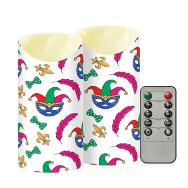 Imagem de Wassud Pacote com 2 máscaras divertidas de baile de máscaras, velas sem chamas com controle remoto, velas realistas cintilantes com temporizador, velas decorativas para Natal, casamento, festa
