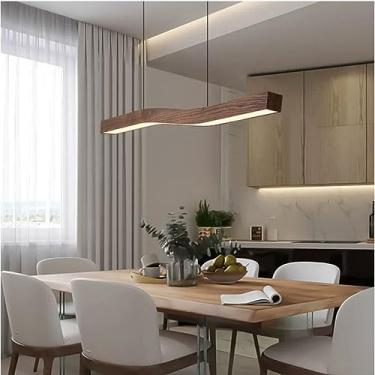 Imagem de Luminária pendente LED para mesa de jantar, com altura ajustável, ideal para salas de jantar, escritórios e salas de estar. Lustre com acabamento em madeira.