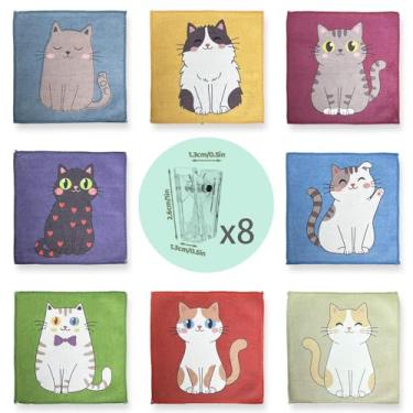 Imagem de YIKUSO Pacote com 8 toalhas de cozinha de microfibra ultrafinas, quadradas de 17 cm com 8 clipes e vários padrões – Panos de limpeza macios, absorventes e reutilizáveis (gatos)