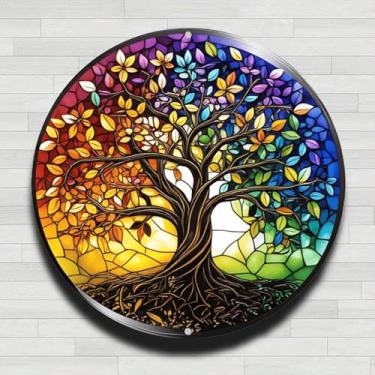 Imagem de Placa de parede redonda de metal rústico vintage árvore da vida colorida, 20 cm, presentes e decoração para casa, escritório, café e quintal