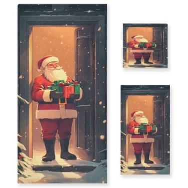 Imagem de STAYTOP Lindo Papai Noel segurando uma caixa de presente conjunto de toalhas 3 peças, toalhas de toque macio altamente absorvente de secagem rápida, 1 toalha de banho, 1 toalha de rosto, 1 toalha de