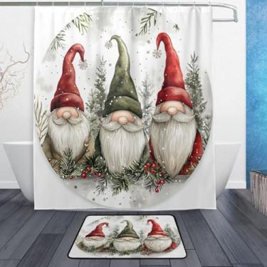 Imagem de xigua Gnomos de Natal fofos conjuntos de tapetes de cortina de banho 2 peças, conjunto de tema de banheiro (152 x 182 cm) com cortina de chuveiro e tapete antiderrapante -12 ganchos434
