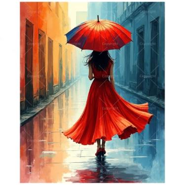Imagem de Kit de pintura City Street por números para adultos – Mulher faça você mesmo com pintura de guarda-chuva vermelho em tela, conjunto de tinta acrílica, adequado para iniciantes, arte para decoração de