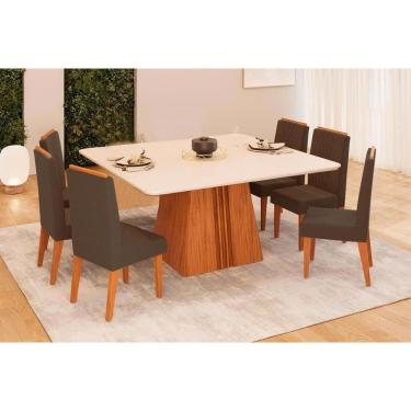 Imagem de Conjunto: Mesa de Cozinha Itália c/ Tampo Madeirado c/ Vidro Curvo 136x136cm e 6 Cadeiras Lia Freijo/Off White - Suede Moca - DJ Móveis