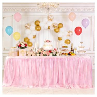 Imagem de THARAHT Saia de mesa de tule, toalha de mesa de 2,8 m e 270 cm de comprimento, para mesas retangulares ou redondas com babados, saia de mesa tutu para princesas, meninas, festa de aniversário, bolo