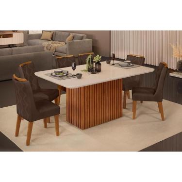 Imagem de Conjunto: Mesa de Cozinha Canes c/ Tampo Madeirado c/ Vidro Curvo 170x90cm e 6 Cadeiras...