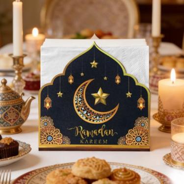 Imagem de Suporte de guardanapo Ramadan Kareem, suportes de armazenamento de lenços verticais de estrela da lua em ouro preto, dispensador de guardanapos em pé para Ramadã islâmico, férias, cozinha, jantar