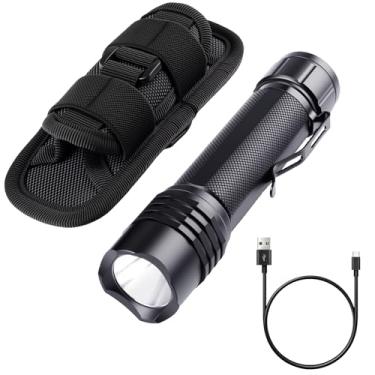 Imagem de KunHe Lanterna tática de alto lúmens, recarregável, com coldre de cinto, luz de flash policial de LED brilhante com 4 modos de longa duração, IPX7, resistente à água para acampamento de segurança e