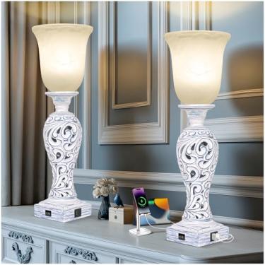 Imagem de Conjunto de 2 candeeiros de mesa vintage de 50,8 cm para sala de estar, candeeiros de cabeceira rústicos de fazenda para quarto, lâmpadas de mesa reguláveis de 3 vias com luz noturna e 2 portas USB