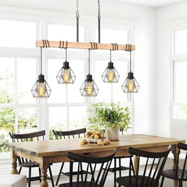Imagem de Lustres de cozinha de 5 luzes sobre mesa, luminária preta para sala de jantar de fazenda, pingente de teto de madeira rústica linear com abajur de metal para mesa de bilhar, bar